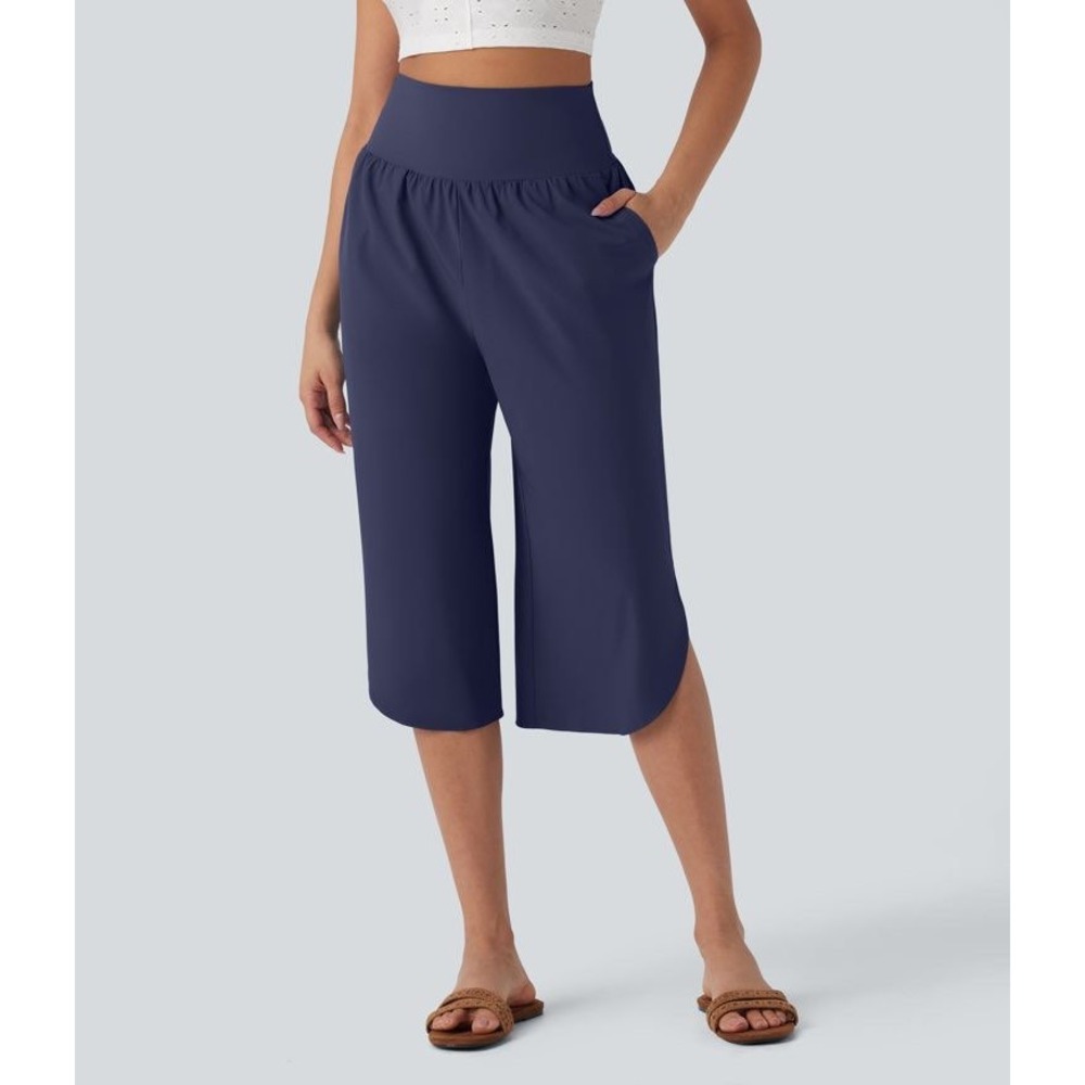 NWT Halara Breezeful Navy Blue High Waisted Crop Capri Wide Leg Tulip Pants Sz L